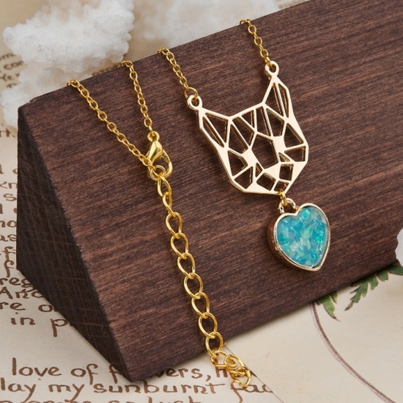 Luxury Gold Plated Mint Green Heart Cat Necklace - Picture 2 of 6